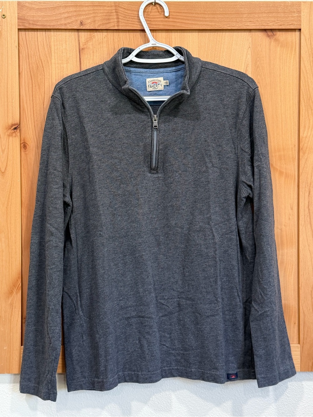 Faherty Men's Charcoal Body with Heather Blue Collar Zip-Up Sweater